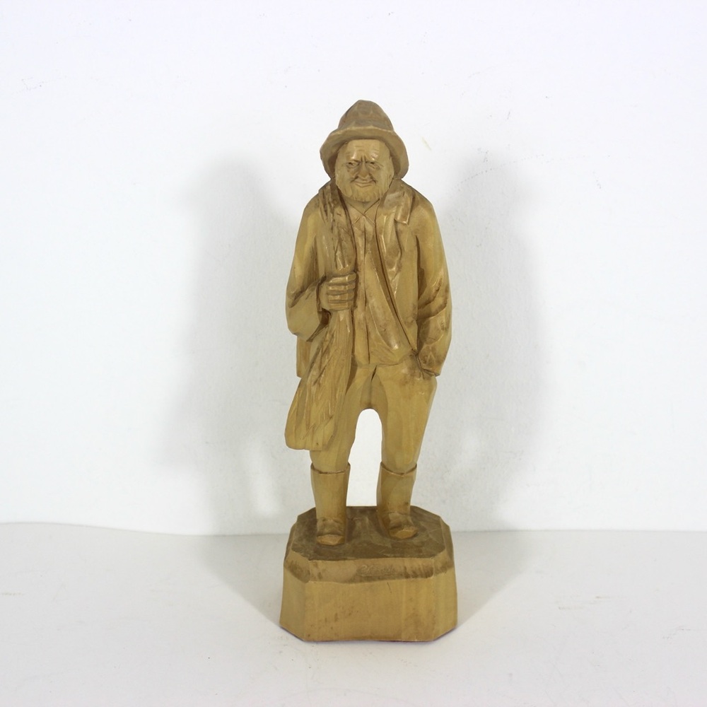 Paul E Caron Vintage Hand Carved Wood Fisherman, French Canadian Folk Art Figure